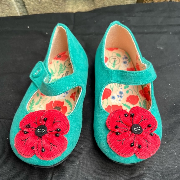 Genuine Kids From Oshkosh Girls Shoes Teal Green Mary Jane Style Ladybug Flower - Picture 1 of 9